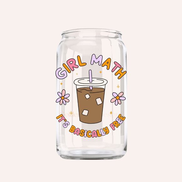 Girl Math, It's Basically Free Cute Coffee Trendy Glass Cup - Picture 1 of 1